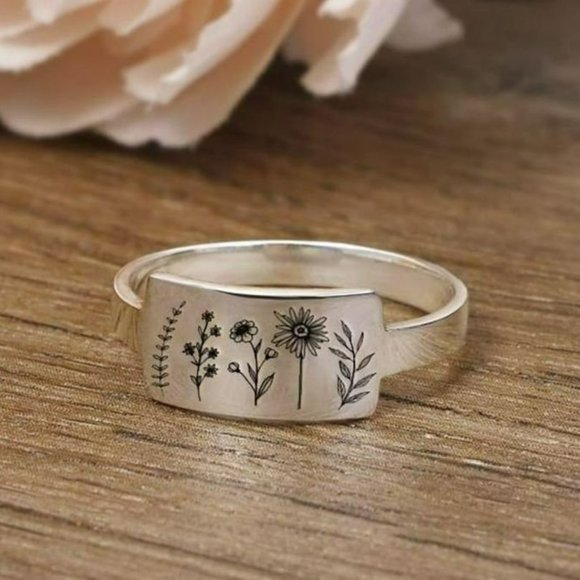 Carved Engraving Wildflowers Dandelion Daisy Silver Ring - Picture 3 of 8